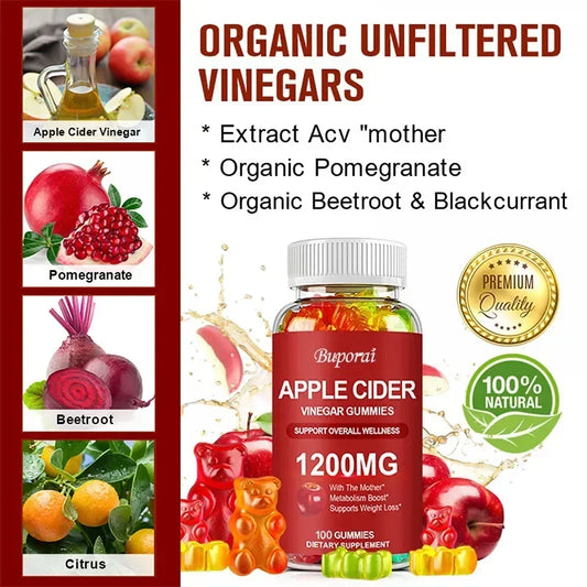Apple Cider Vinegar Gummies 1200MG - Digestive Health Support Relieves Bloating and Constipation Burns Fat and Controls Weight
