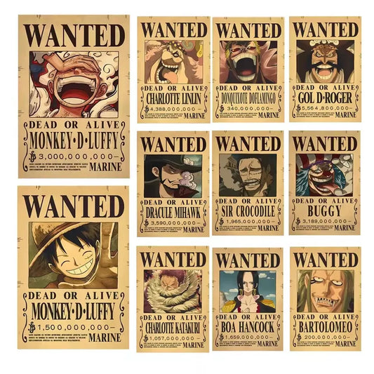 Anime One Piece Bounty Wanted Posters Luffy Gear 5 Nika Ace Kid Figures Vintage Living Room Wall Decoration Stickers Toys Gifts