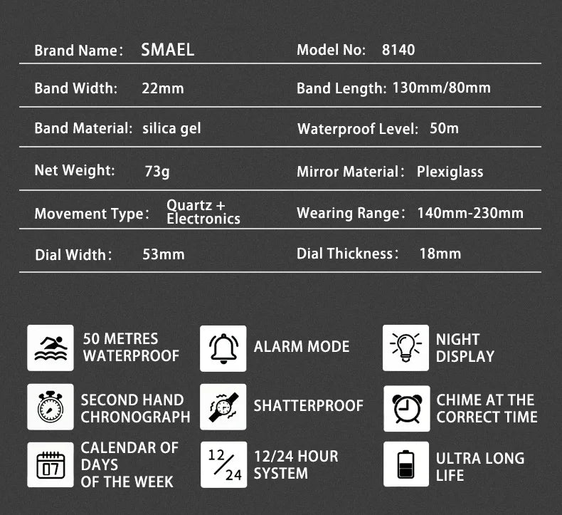 SMAEL Brand 8140 Waterproof Dropshipping Watch Alarm Clock night light Young Fashion business Quartz Sport Wristwatches