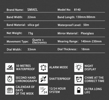 SMAEL Brand 8140 Waterproof Dropshipping Watch Alarm Clock night light Young Fashion business Quartz Sport Wristwatches