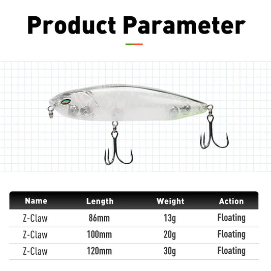 LEYDUN Z-Claw Fishing Lures Floating Pencil 86mm 100mm 120mm Topwater Hard Baits Surface Stickbait Good Action Bass Wobblers