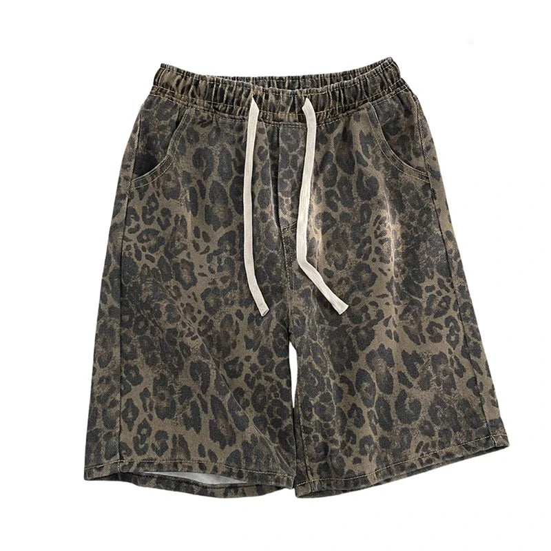 Men's leopard print shorts, summer thin high street drawstring casual pants, loose and versatile handsome pantskvv
