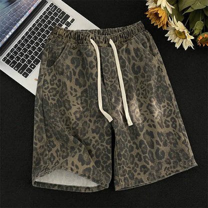 Men's leopard print shorts, summer thin high street drawstring casual pants, loose and versatile handsome pantskvv