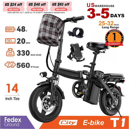Adult Electric Bike, 20 MPH,560W Motor,48V Removable Battery,14inch Folding Electric Bike,Maximum 32 Miles,1Year Warranty Ebike