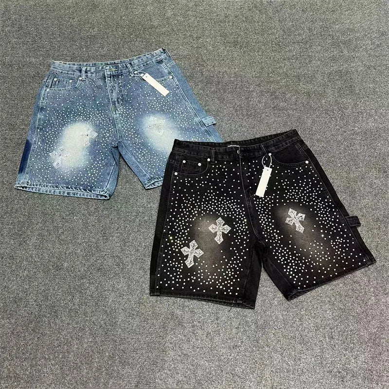 Fashionable Y2K rhinestone slim fit men's denim shorts