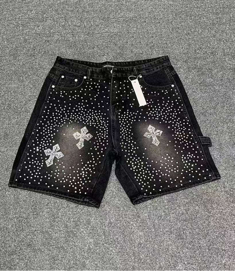 Fashionable Y2K rhinestone slim fit men's denim shorts