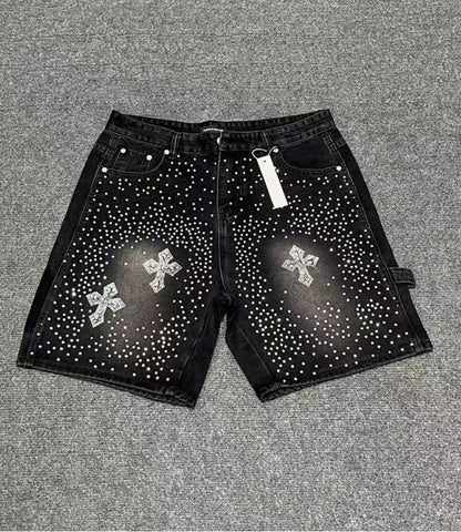 Fashionable Y2K rhinestone slim fit men's denim shorts