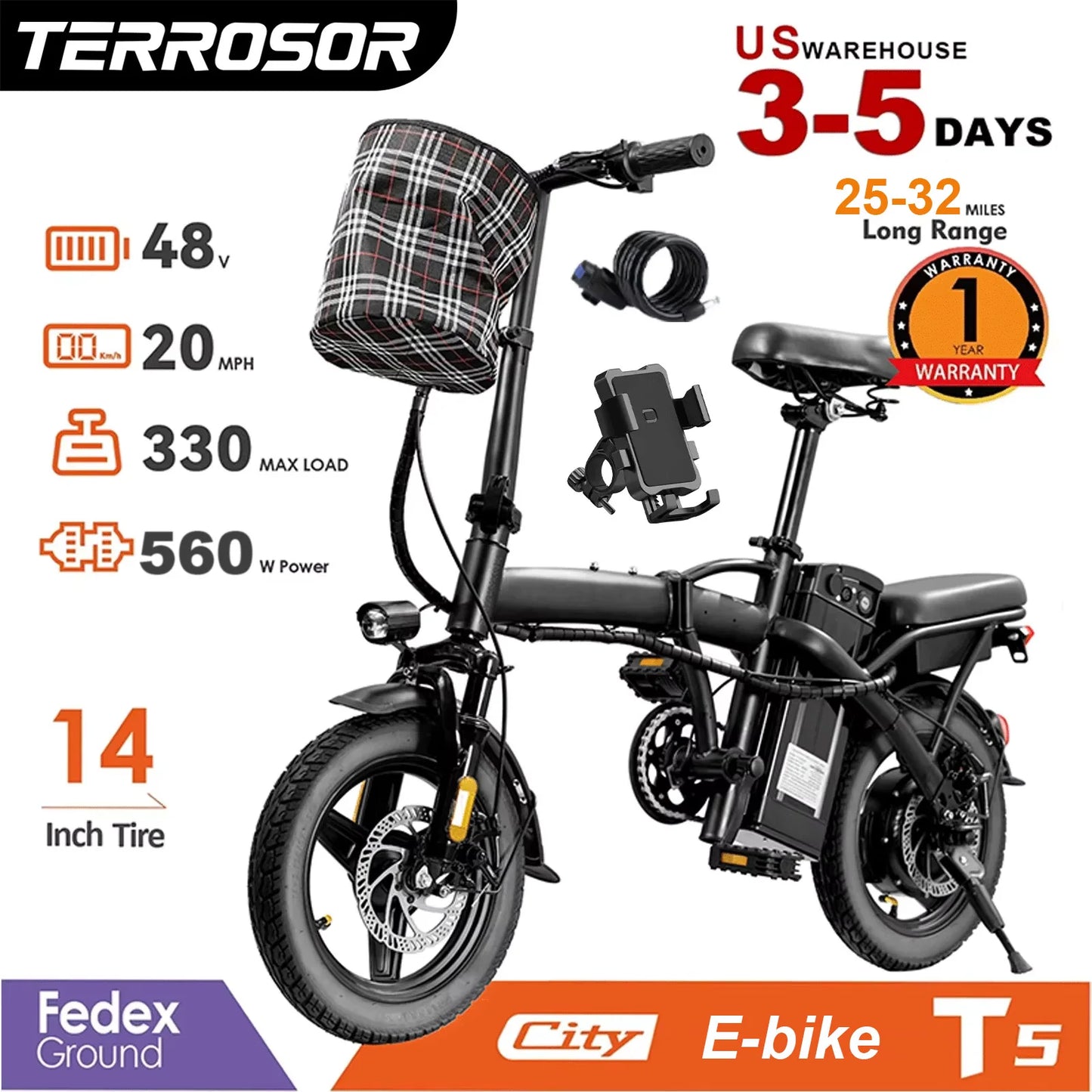 Adult Electric Bike, 20 MPH,560W Motor,48V Removable Battery,14inch Folding Electric Bike,Maximum 32 Miles,1Year Warranty Ebike