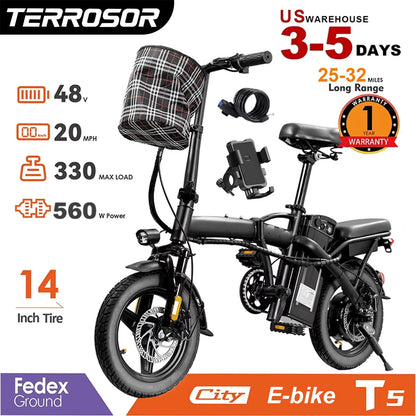 Adult Electric Bike, 20 MPH,560W Motor,48V Removable Battery,14inch Folding Electric Bike,Maximum 32 Miles,1Year Warranty Ebike