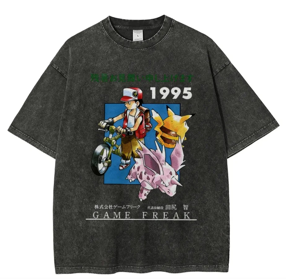 Pokemon Red 1995 Game Freak Retro T Shirt Men 2026 Summer Vintage Acid Wash Oversized Tee Anime Streetwear
