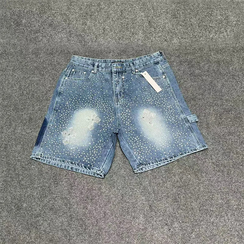 Fashionable Y2K rhinestone slim fit men's denim shorts