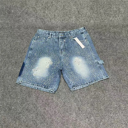 Fashionable Y2K rhinestone slim fit men's denim shorts