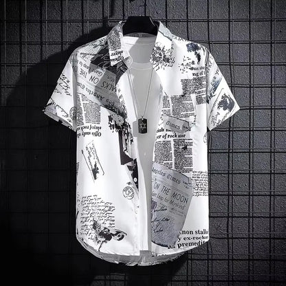Short sleeved shirt men's thin graffiti print Hong Kong fashion clothing beach floral loose half sleeved shirt