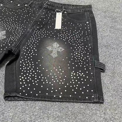 Fashionable Y2K rhinestone slim fit men's denim shorts