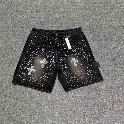 Fashionable Y2K rhinestone slim fit men's denim shorts