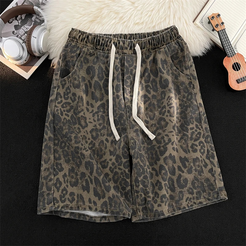 Men's leopard print shorts, summer thin high street drawstring casual pants, loose and versatile handsome pantskvv
