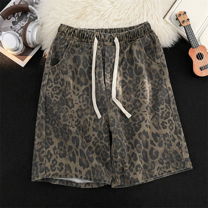 Men's leopard print shorts, summer thin high street drawstring casual pants, loose and versatile handsome pantskvv