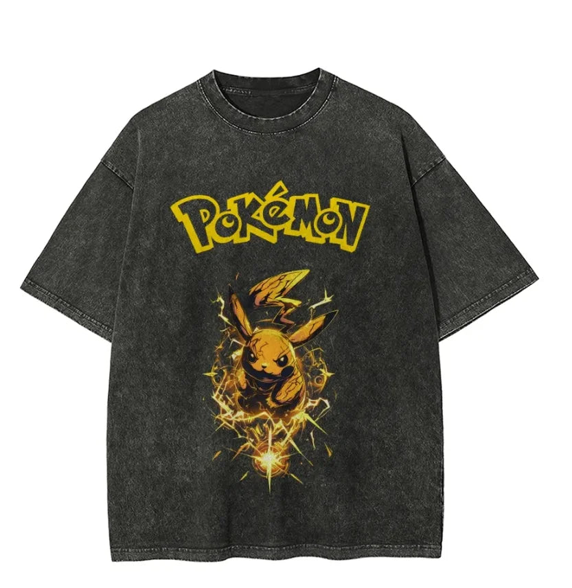Pokemon Red 1995 Game Freak Retro T Shirt Men 2026 Summer Vintage Acid Wash Oversized Tee Anime Streetwear