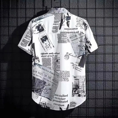 Short sleeved shirt men's thin graffiti print Hong Kong fashion clothing beach floral loose half sleeved shirt