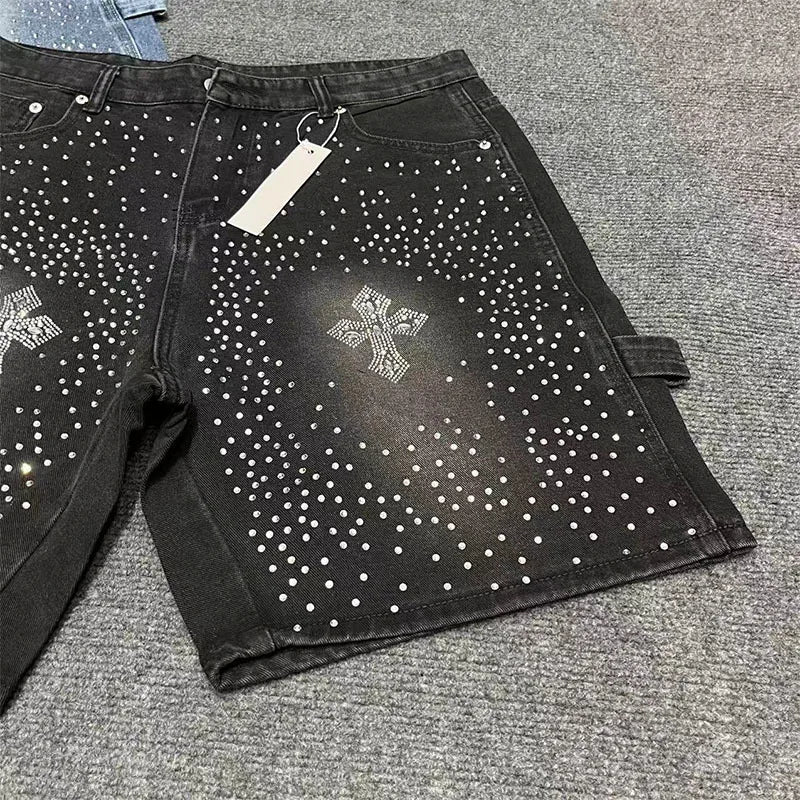 Fashionable Y2K rhinestone slim fit men's denim shorts