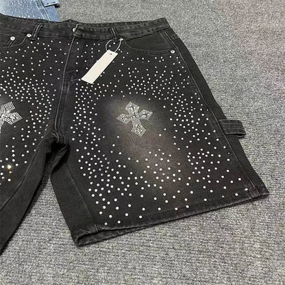 Fashionable Y2K rhinestone slim fit men's denim shorts