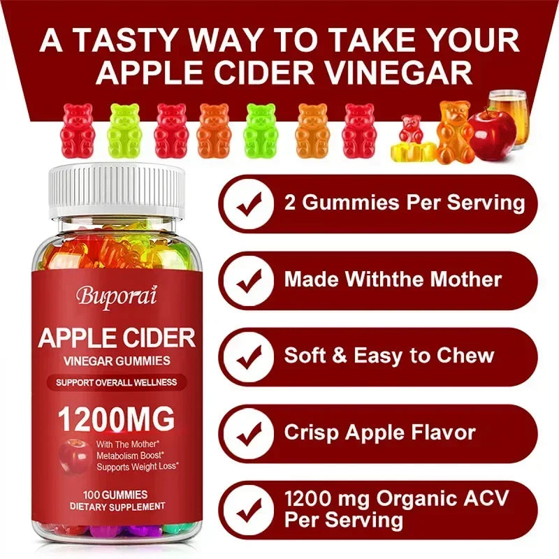 Apple Cider Vinegar Gummies 1200MG - Digestive Health Support Relieves Bloating and Constipation Burns Fat and Controls Weight
