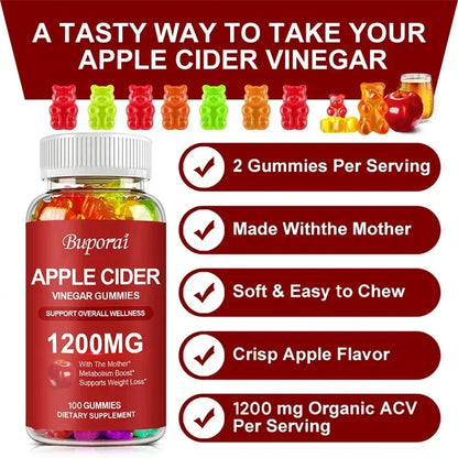 Apple Cider Vinegar Gummies 1200MG - Digestive Health Support Relieves Bloating and Constipation Burns Fat and Controls Weight