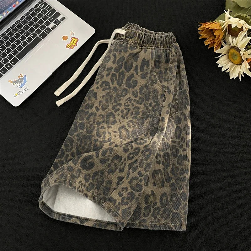 Men's leopard print shorts, summer thin high street drawstring casual pants, loose and versatile handsome pantskvv