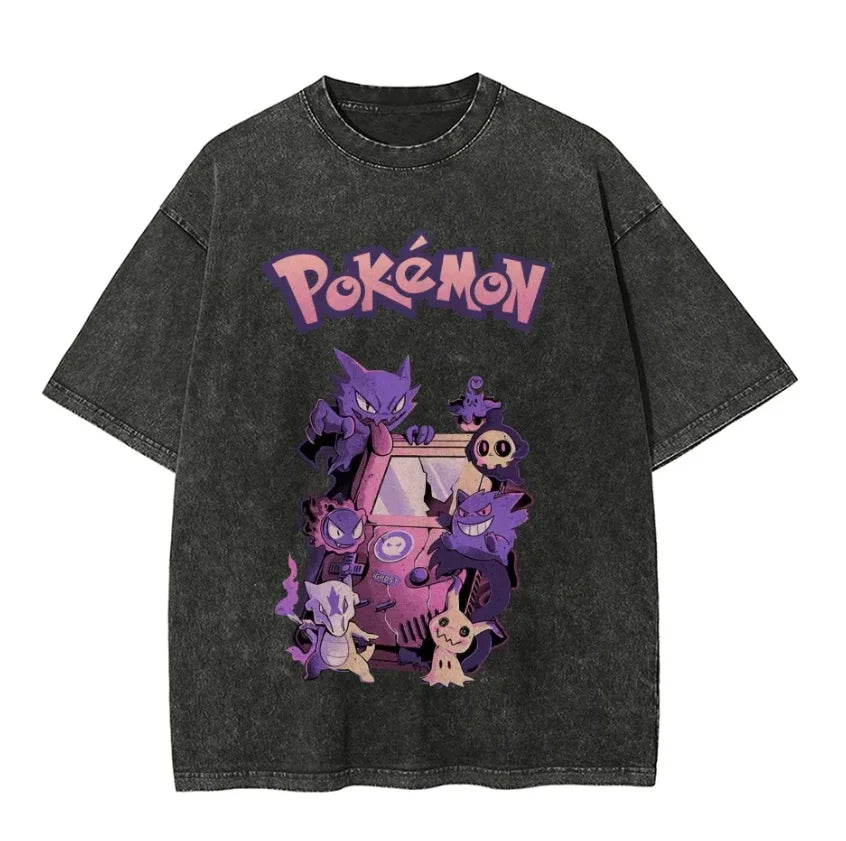 Pokemon Red 1995 Game Freak Retro T Shirt Men 2026 Summer Vintage Acid Wash Oversized Tee Anime Streetwear